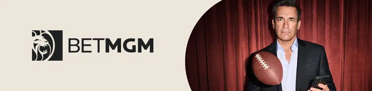 BetMGM sportsbook promo banner for missouribettinghub with Jon Hamm juggling a football