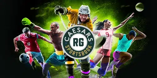 Caesars sportsbook betting market banner with a hockey player, boxer, soccer player, handball player, and track athlete, alll behind the Caesars logo