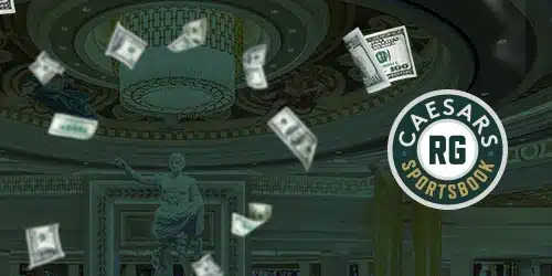 Caesars sportsbook payments banner with dollar bills falling and floating around the statue of Augustus Prima Porta at Caesar's Palace