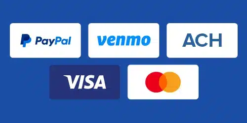 Accepted payment methods at FanDuel on blue background showing PayPal, Venmo, ACH, Visa, and Mastercard