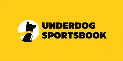 Underdog sportsbook banner showing the brand logo in black against a yellow background